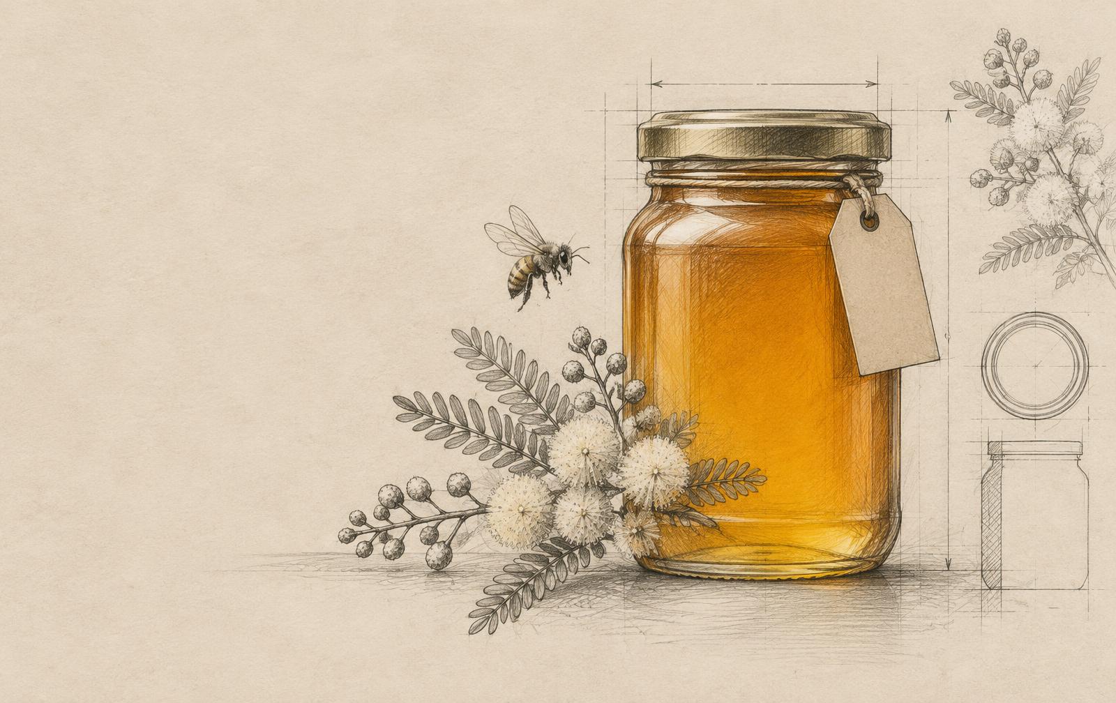 Pencil study of an Utu Asali honey jar with security tag